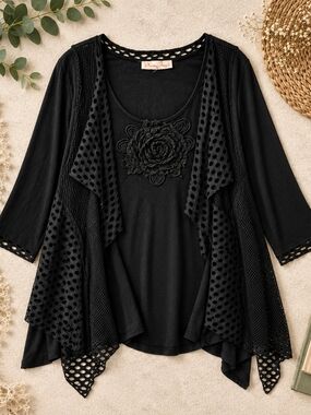 Pretty Angel Black Lagenlook Silk Blend Appliqué Tunic Cardigan XL Ptp24"